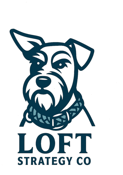Loft Strategy Co logo — a schnauzer wearing a woven collar
