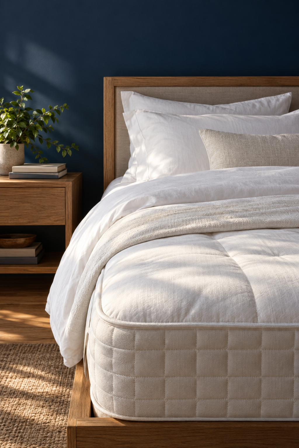 A sunlit bedroom with a premium mattress dressed in white linens against a deep navy wall, with warm wood furniture and greenery accents